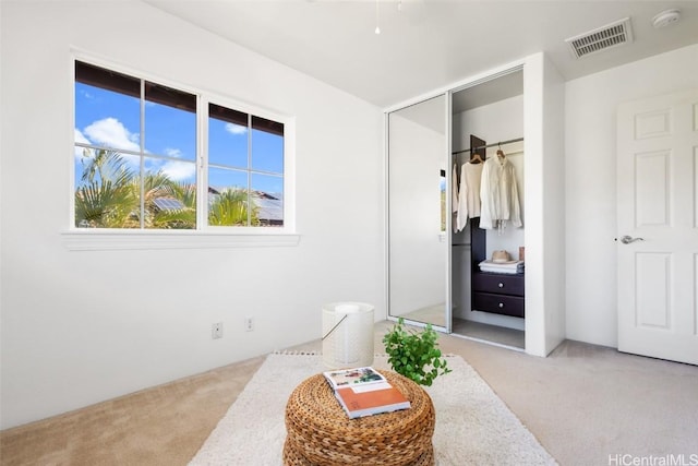 bedroom featuring light colored carpet and a closet