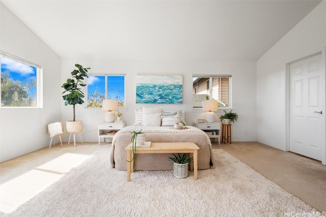 bedroom featuring lofted ceiling and carpet