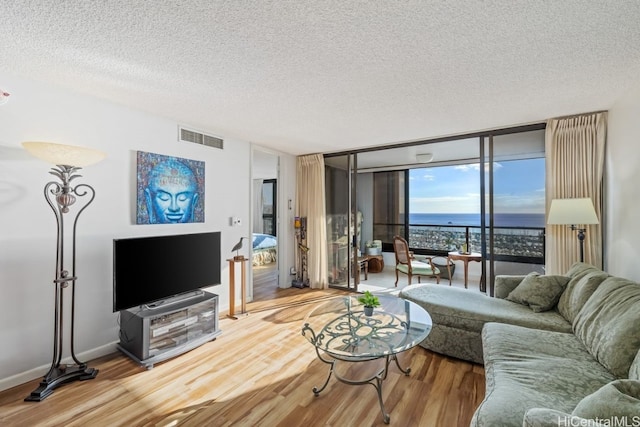 living room with hardwood / wood-style flooring, floor to ceiling windows, and a textured ceiling