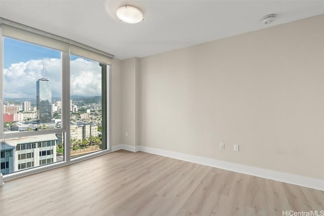 spare room featuring floor to ceiling windows and light hardwood / wood-style floors