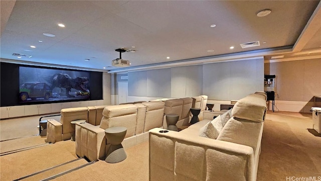 carpeted cinema room with a tray ceiling