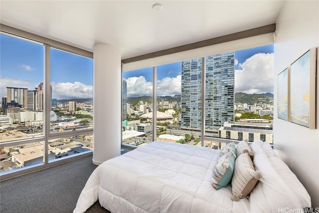 bedroom featuring carpet floors and floor to ceiling windows