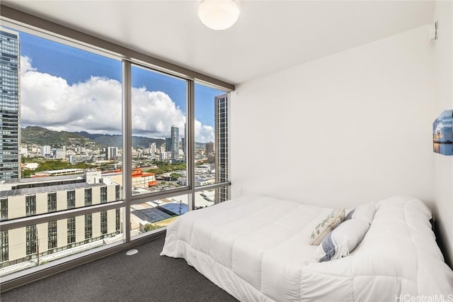 carpeted bedroom featuring a wall of windows