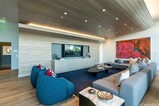 interior space with wood ceiling and light wood-type flooring