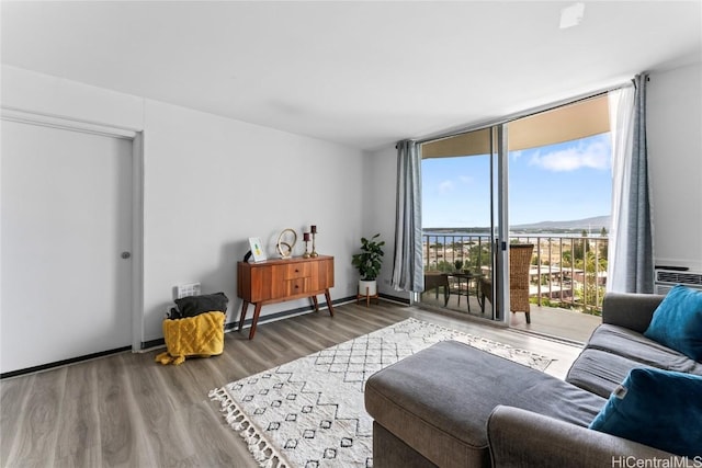 living room featuring expansive windows and hardwood / wood-style floors