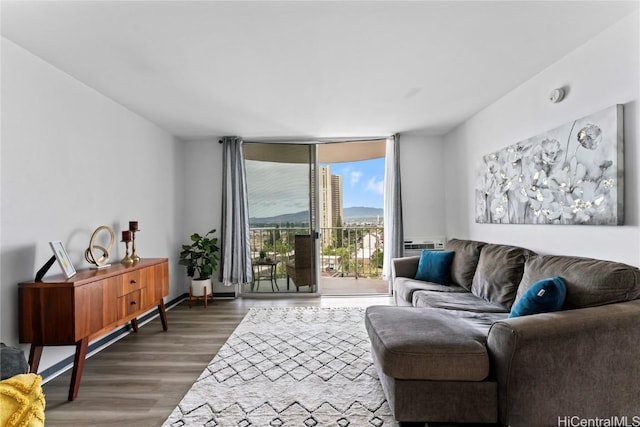 living room featuring dark hardwood / wood-style flooring and floor to ceiling windows