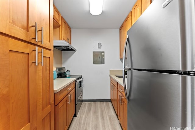 kitchen featuring stainless steel appliances, light hardwood / wood-style floors, and electric panel