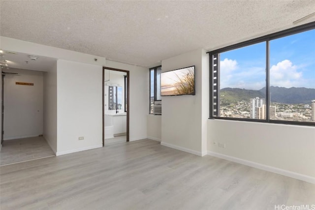 empty room featuring a mountain view, a textured ceiling, and light hardwood / wood-style flooring