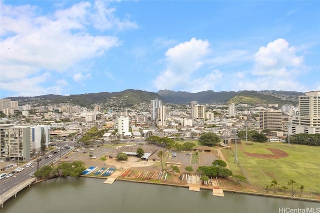 birds eye view of property featuring a water and mountain view