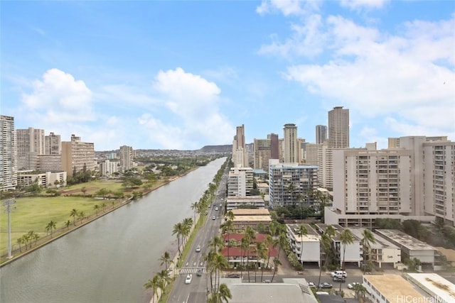 drone / aerial view with a water view