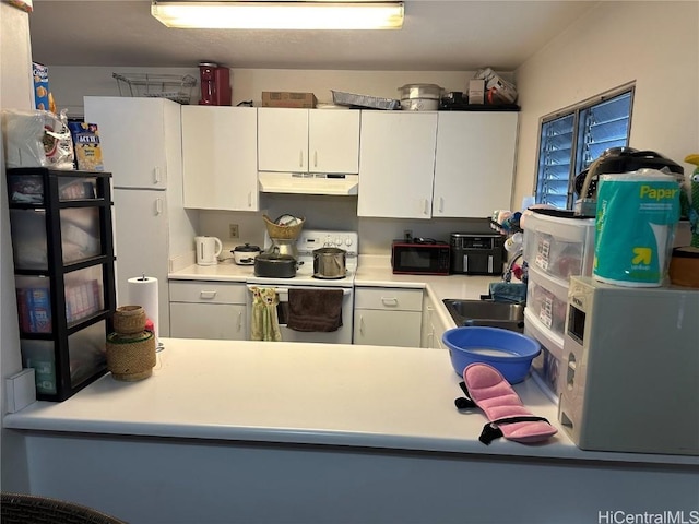 kitchen with white cabinetry, sink, and electric range