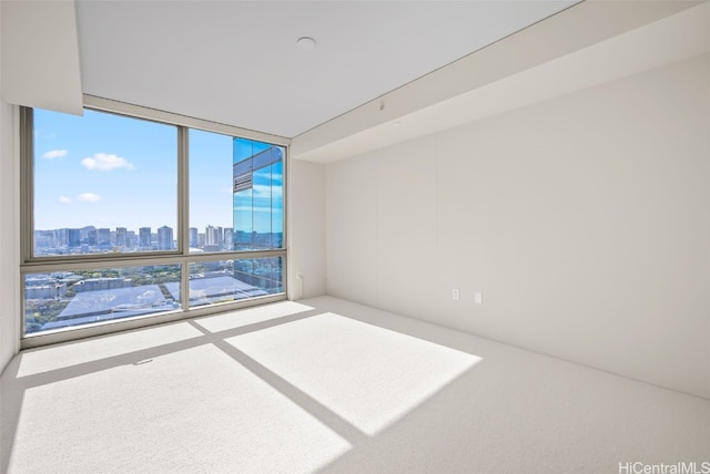 carpeted empty room featuring a wall of windows and a view of city