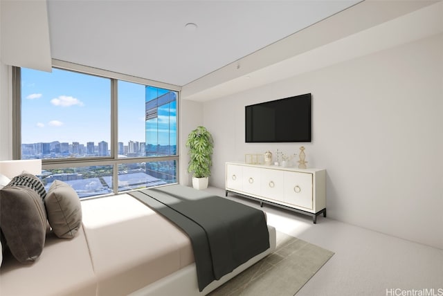 bedroom with a wall of windows and carpet flooring