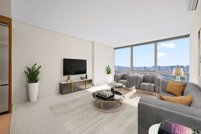 carpeted living room with expansive windows and an AC wall unit