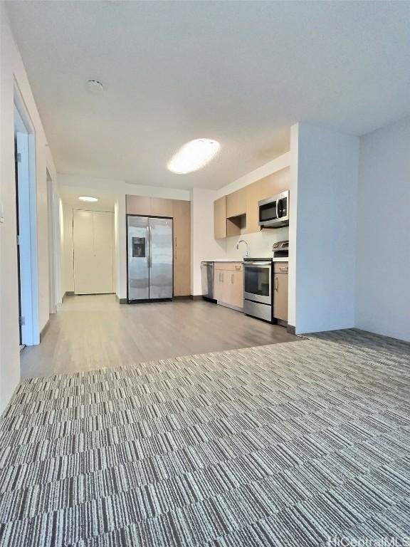 kitchen featuring stainless steel appliances and light hardwood / wood-style flooring