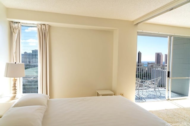 carpeted bedroom with access to exterior and a textured ceiling