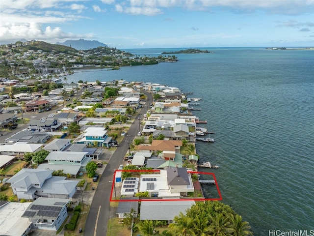 bird's eye view featuring a water and mountain view