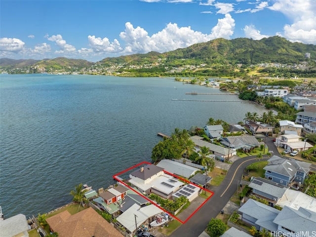 bird's eye view featuring a water and mountain view