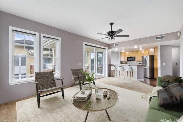 living room with plenty of natural light and ceiling fan