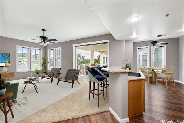 kitchen featuring a healthy amount of sunlight, dark hardwood / wood-style floors, sink, and a center island with sink