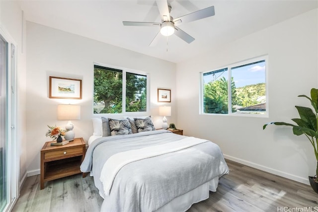 bedroom with hardwood / wood-style floors and ceiling fan