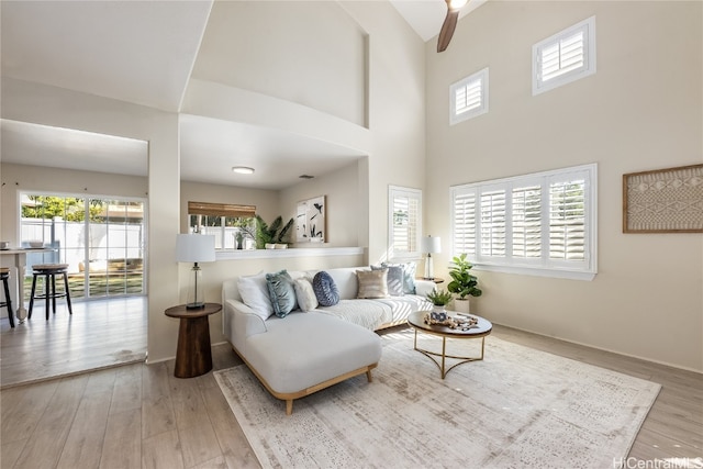 living room featuring a towering ceiling, hardwood / wood-style floors, and a wealth of natural light