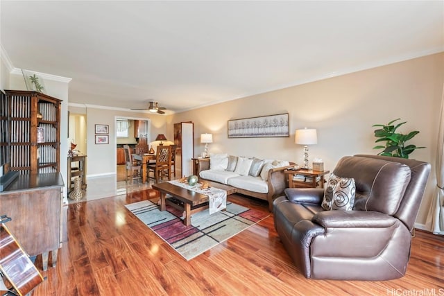 living room with ceiling fan, ornamental molding, and wood-type flooring