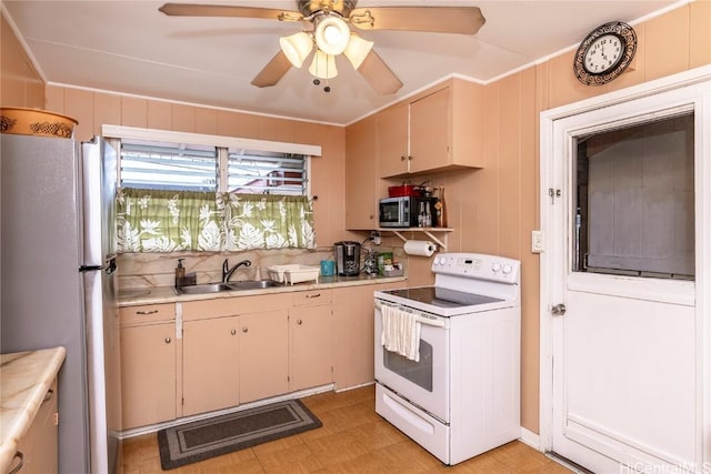 kitchen with sink, wood walls, ceiling fan, stainless steel appliances, and cream cabinetry