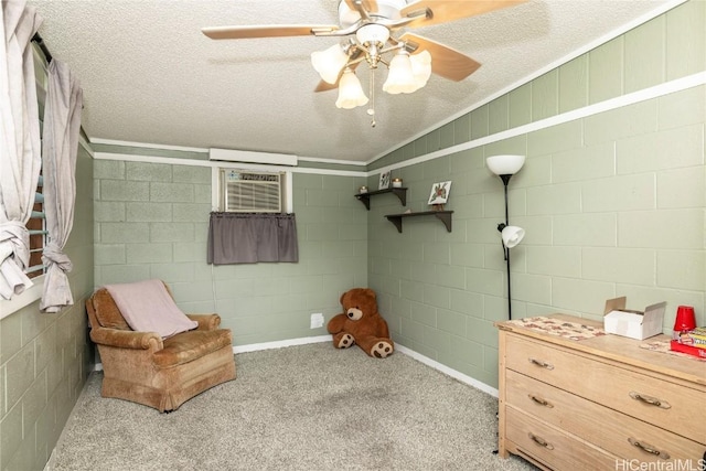 bedroom featuring lofted ceiling, ceiling fan, a wall mounted AC, a textured ceiling, and light carpet