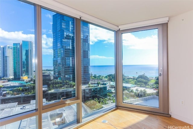 doorway to outside with hardwood / wood-style flooring, a healthy amount of sunlight, and a water view