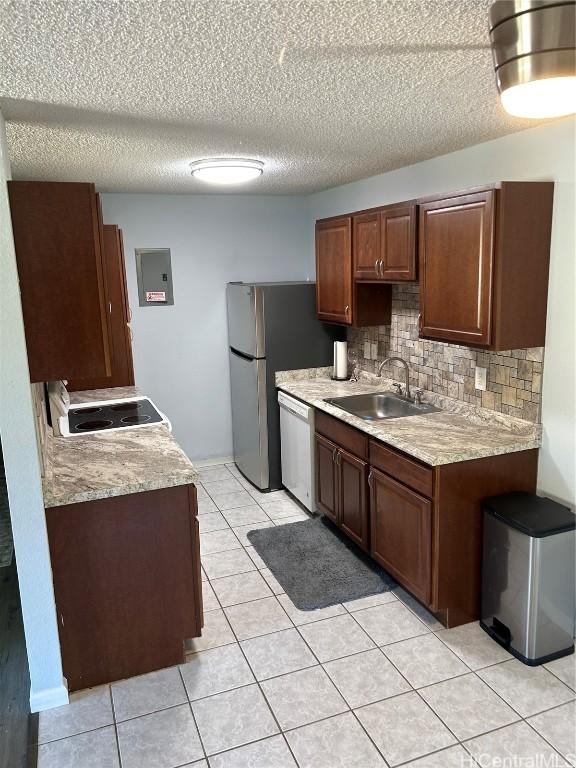 kitchen with sink, dishwasher, range, backsplash, and electric panel