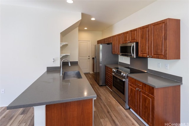 kitchen featuring stainless steel appliances, sink, and light wood-type flooring