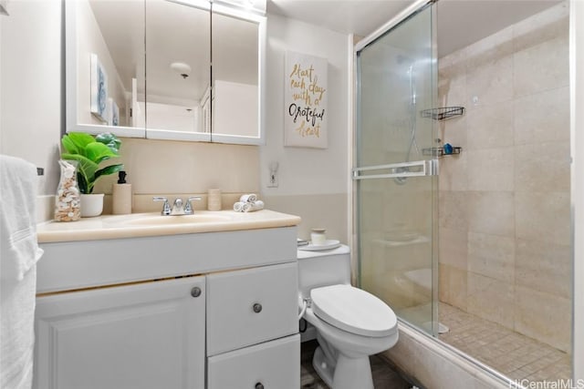 bathroom featuring vanity, toilet, and a shower with door