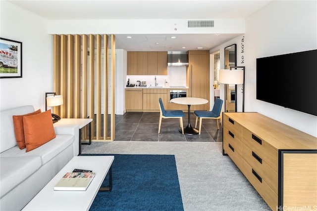 living room featuring sink and dark tile patterned floors