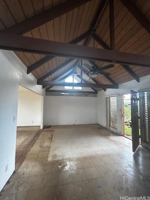 spare room featuring ceiling fan, lofted ceiling with beams, and wooden ceiling