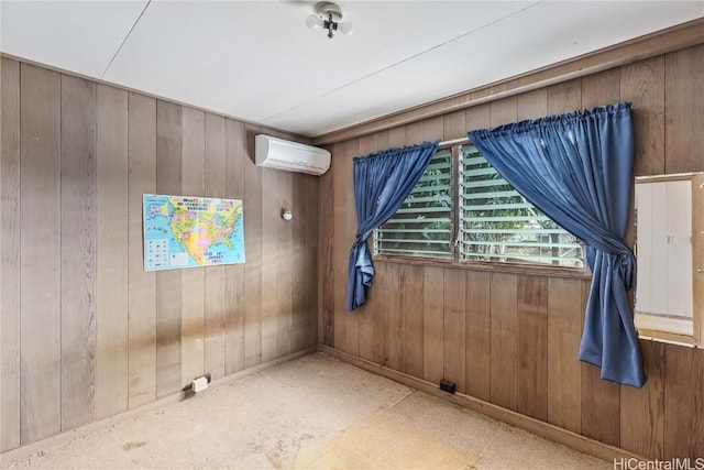 unfurnished room with wooden walls and an AC wall unit