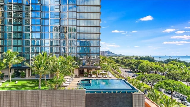 view of pool with a water view