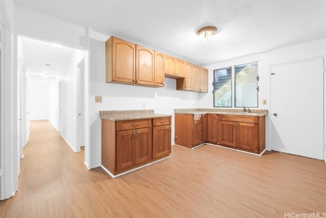 kitchen featuring sink, a textured ceiling, and light wood-type flooring