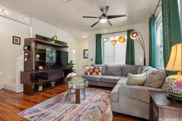 living room with ceiling fan and dark hardwood / wood-style flooring