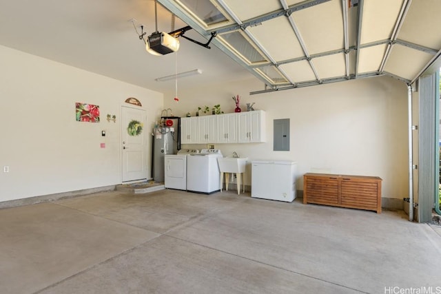 garage with sink, fridge, electric panel, independent washer and dryer, and a garage door opener