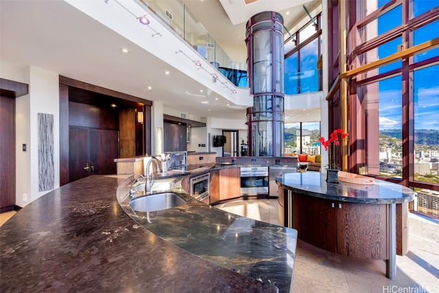 kitchen with sink, dark stone countertops, a towering ceiling, kitchen peninsula, and stainless steel oven