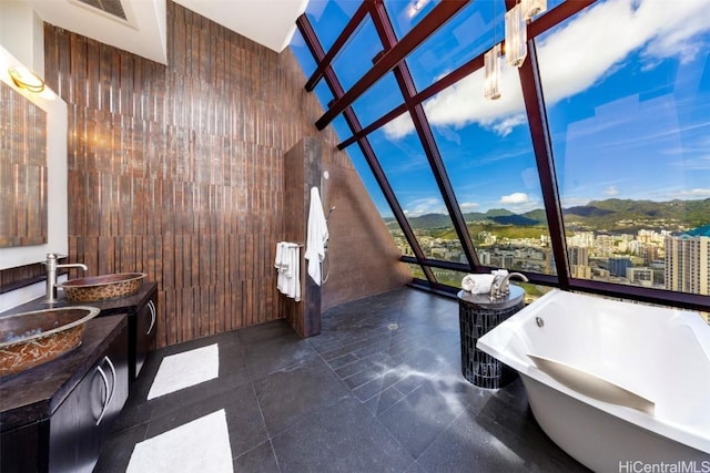 bathroom featuring floor to ceiling windows, a mountain view, wooden walls, and a tub to relax in