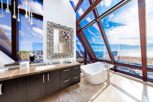 bathroom featuring a washtub and vanity