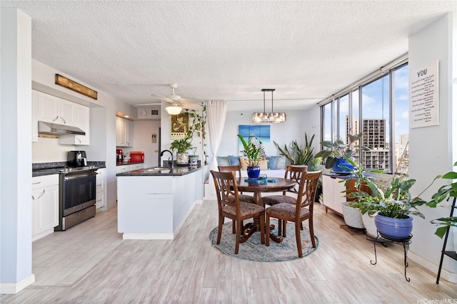 2232 Kapiolani Blvd Unit 704, Honolulu, HI 96826 - dining room with light wood-style floors, plenty of natural light, a textured ceiling, a ceiling fan, and baseboards