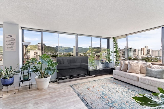 2232 Kapiolani Blvd Unit 704, Honolulu, HI 96826 - living room featuring expansive windows, a textured ceiling, wood finished floors, a view of city, and a mountain view