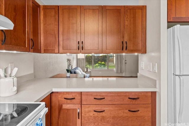 kitchen with white refrigerator and exhaust hood