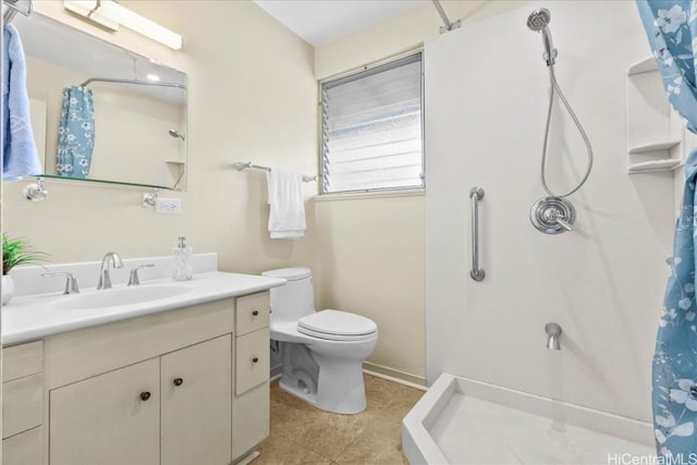 bathroom with vanity, toilet, tile patterned flooring, and a shower with shower curtain