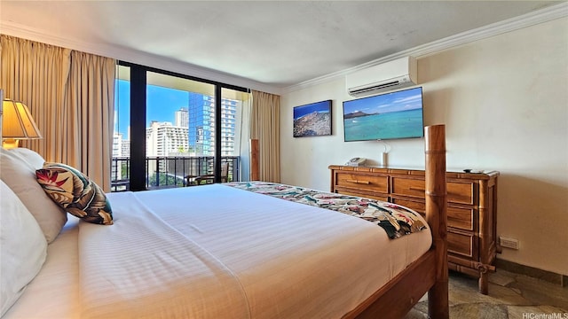 2425 Kuhio Ave Unit 1104, Honolulu, HI 96815 - bedroom featuring a wall mounted air conditioner, crown molding, baseboards, stone finish floor, and access to exterior