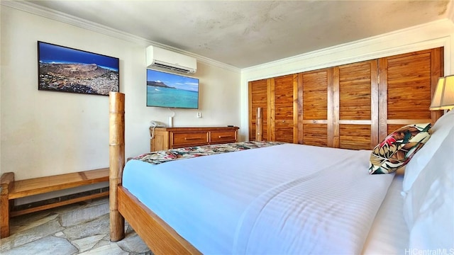 bedroom with ornamental molding and a wall unit AC