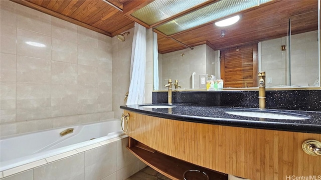 bathroom with vanity, wood ceiling, and shower / bath combo with shower curtain